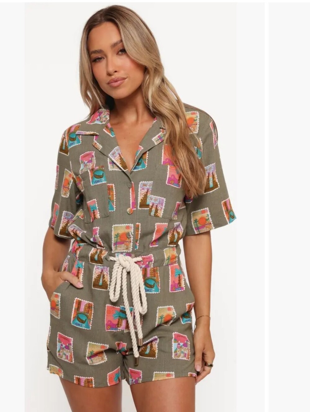 Petal & Pup Everlee Postcard Print Romper Olive Green Small NWT